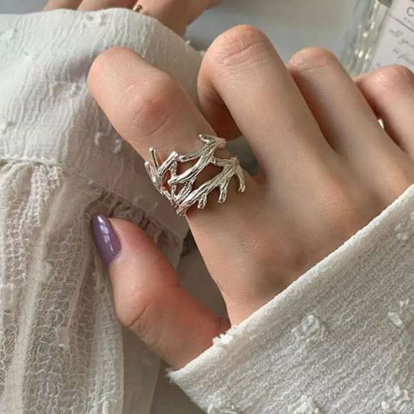 Minimalist 925 Sterling Silver Textured Wrap Ring Geometric Twist Branch Ring - Picture 6 of 7